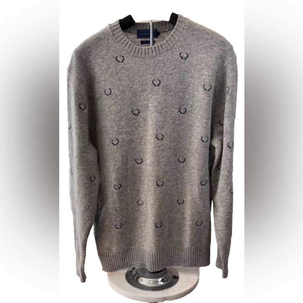 🆕Biltmore Mens medium lambswool blend pullover gray sweater NWT antler embroider